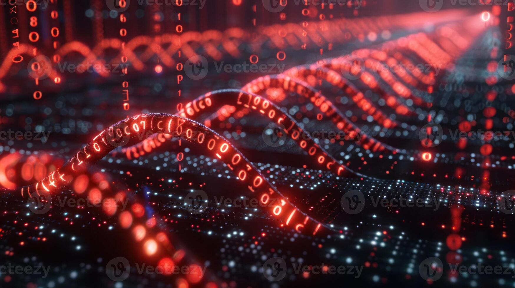 Abstract representation of digital data flow with binary code and glowing wave patterns photo