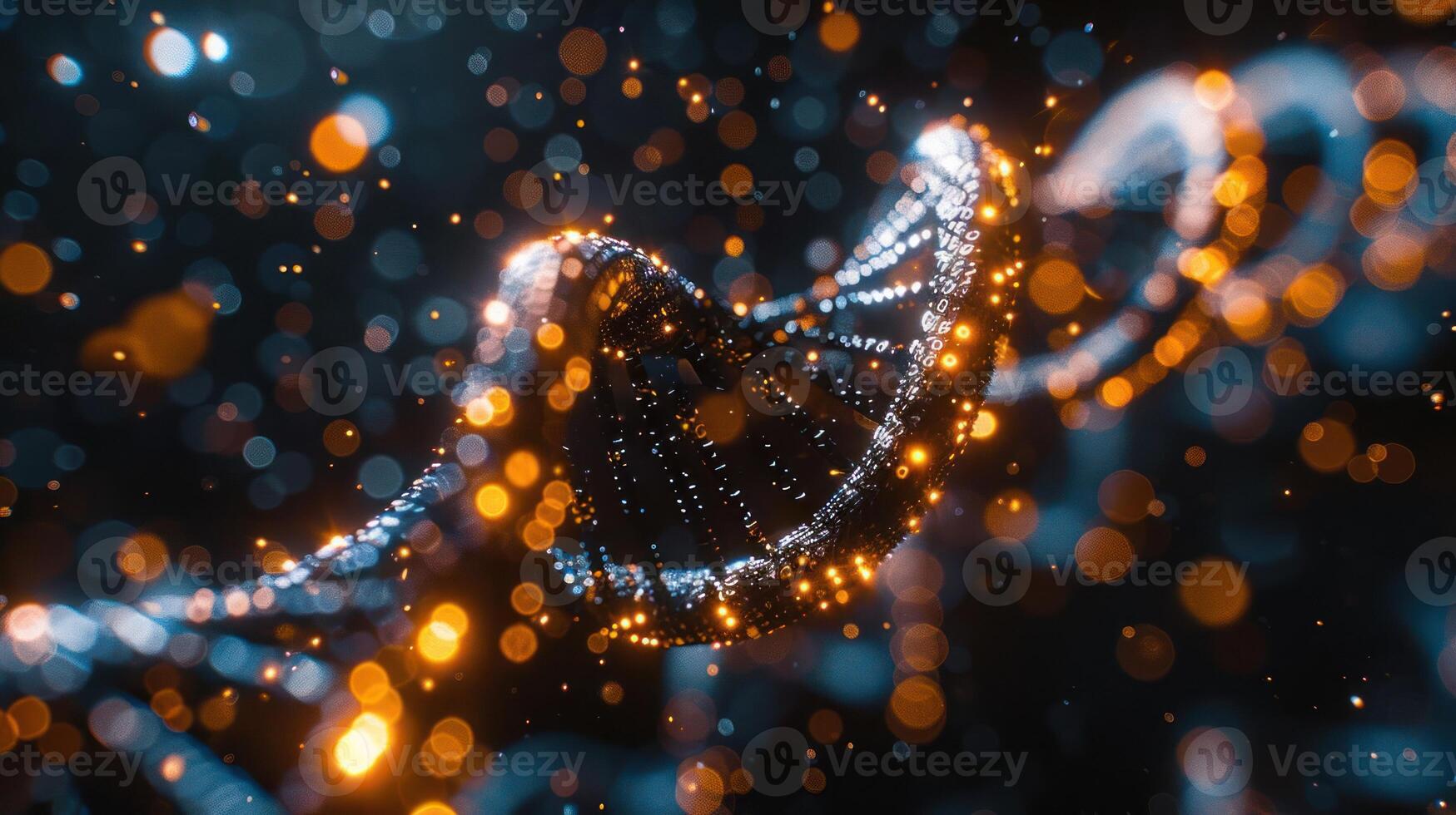 Abstract representation of DNA strand with glowing particles in a dark background photo