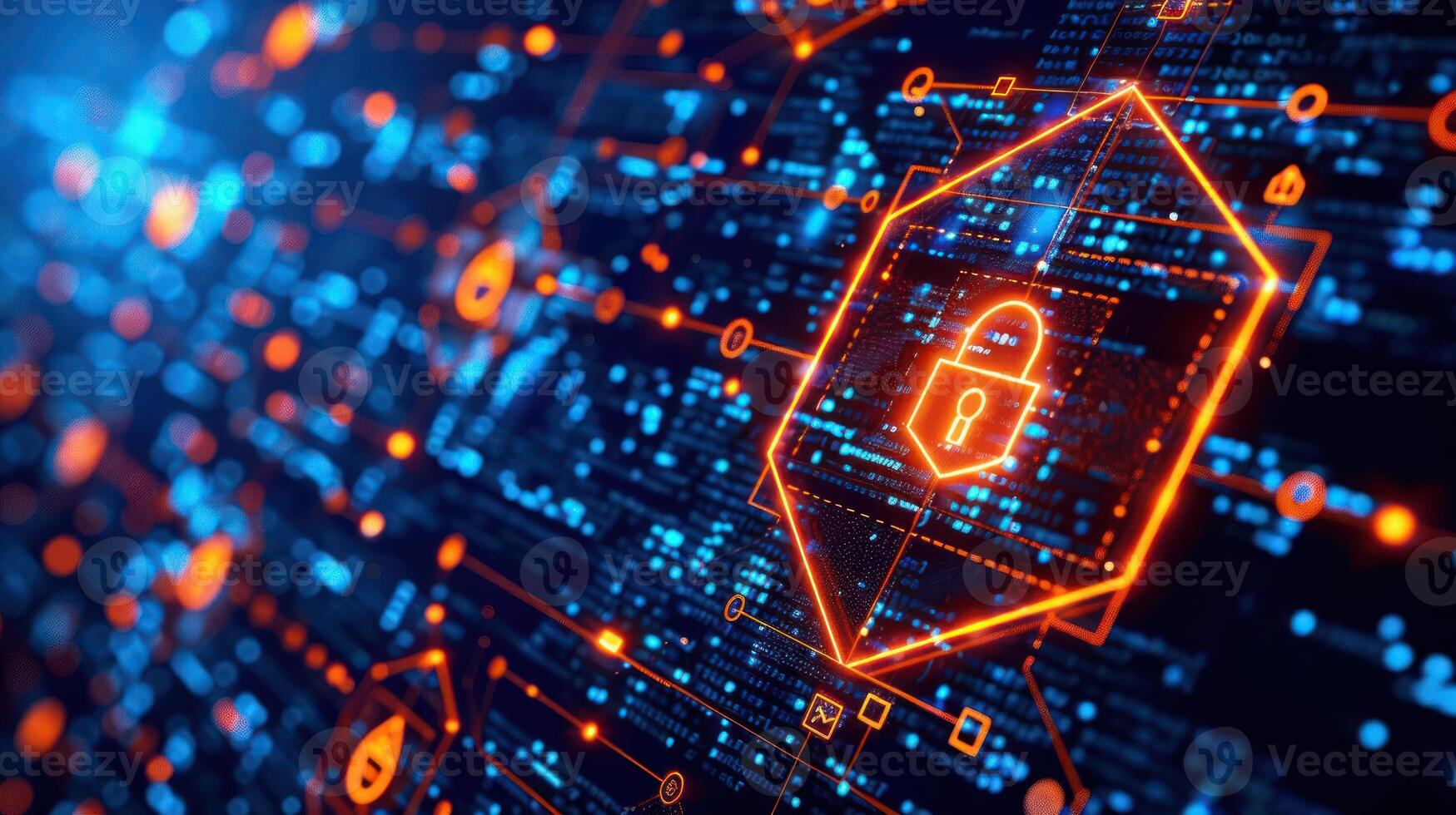 Digital security concept with glowing lock symbol amidst data streams and network connections photo