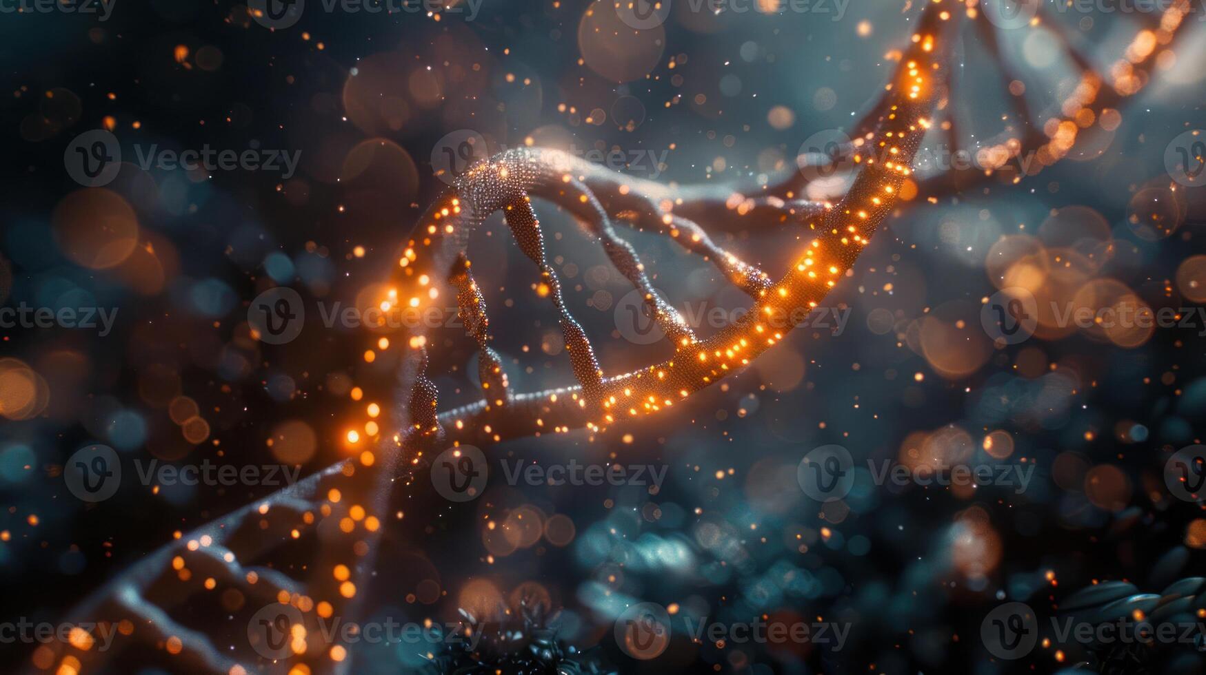 Abstract representation of DNA strands illuminated by glowing particles in a dark environment photo