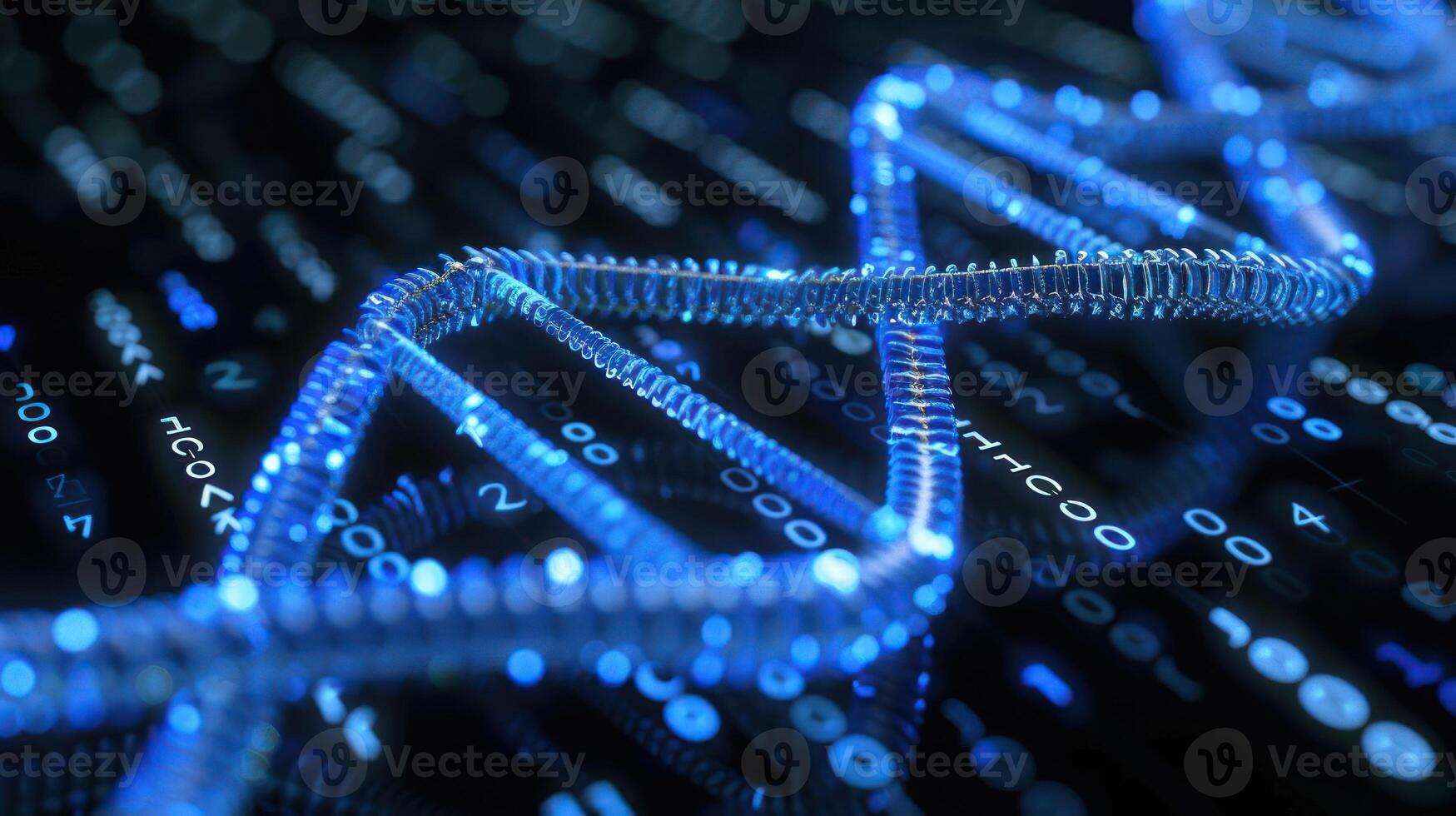 Abstract representation of DNA strands intertwined with digital binary code glowing in blue photo