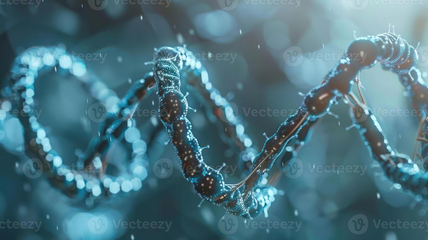 Close-up view of a DNA double helix surrounded by shimmering particles in a scientific setting photo