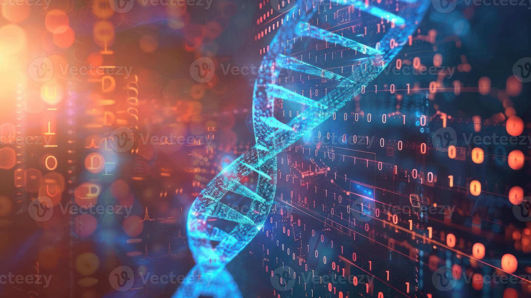Abstract representation of DNA structure intertwined with digital data, glowing in a futuristic setting photo