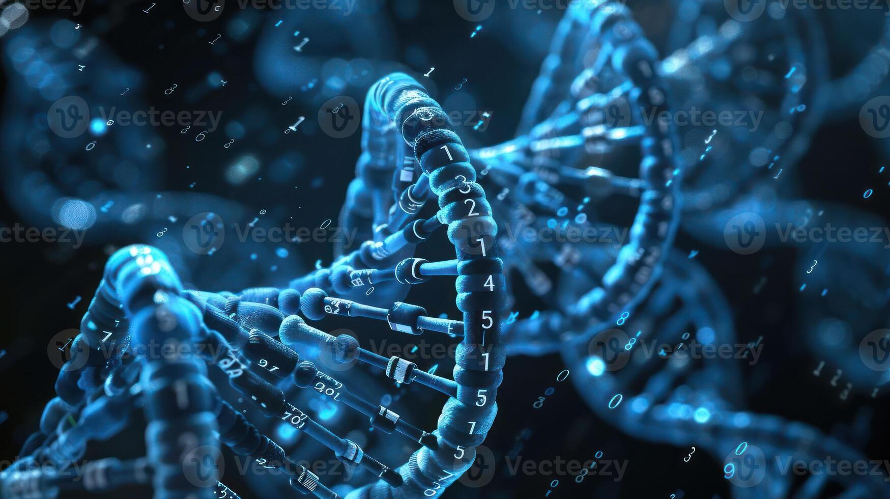 Abstract representation of DNA strands with binary code, symbolizing genetic data and technology photo