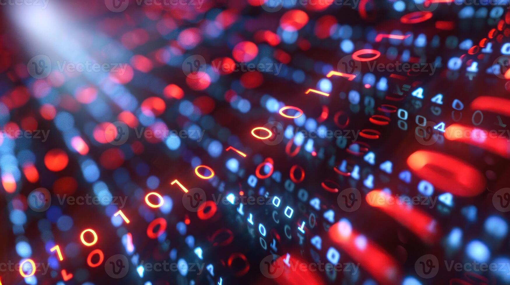 Abstract representation of binary code flowing through a digital landscape with vibrant colors photo