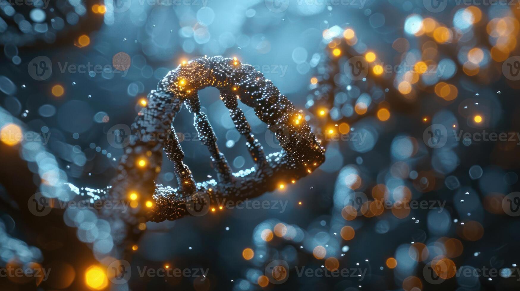 Close-up view of a DNA double helix illuminated with glowing particles in a dark environment photo