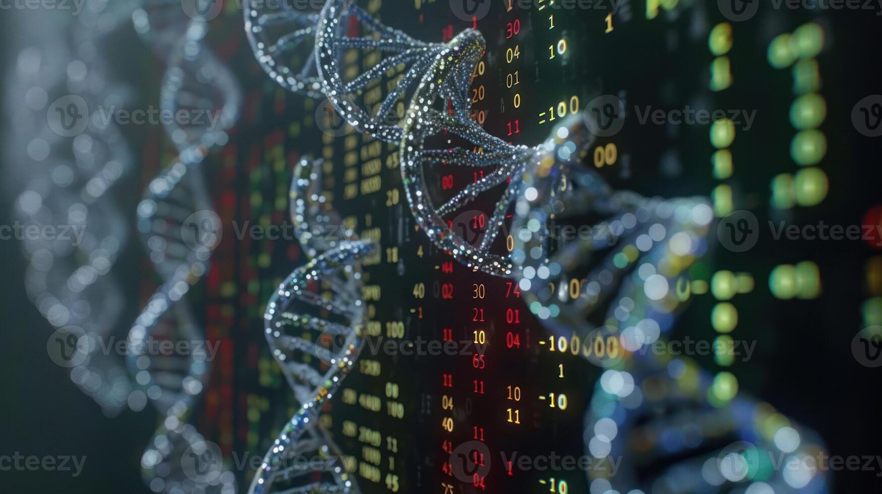 Close-up view of a DNA double helix structure against a digital data backdrop with vibrant colors photo