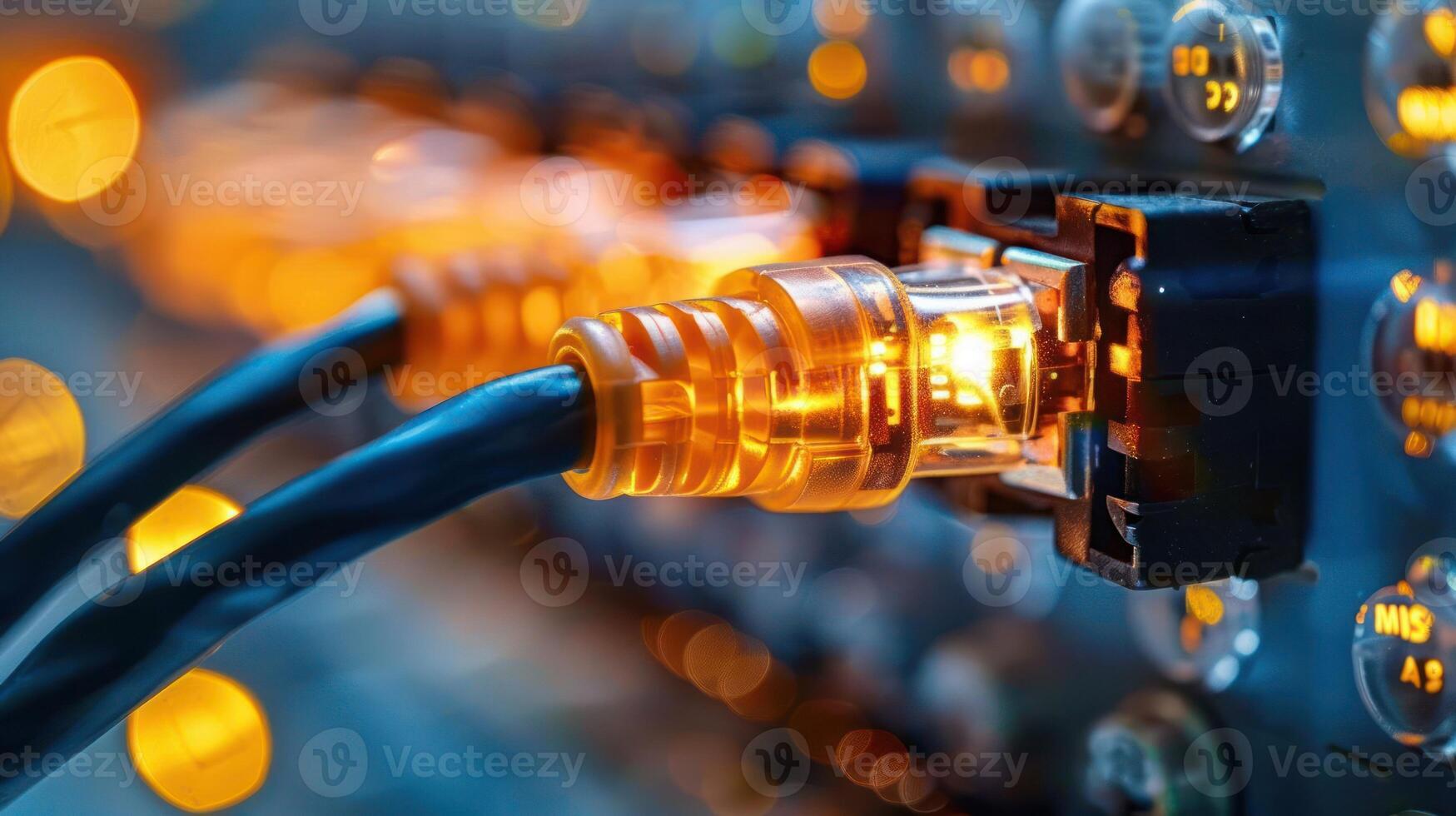 Close-up of illuminated network cables connecting to a server, showcasing technology in action photo