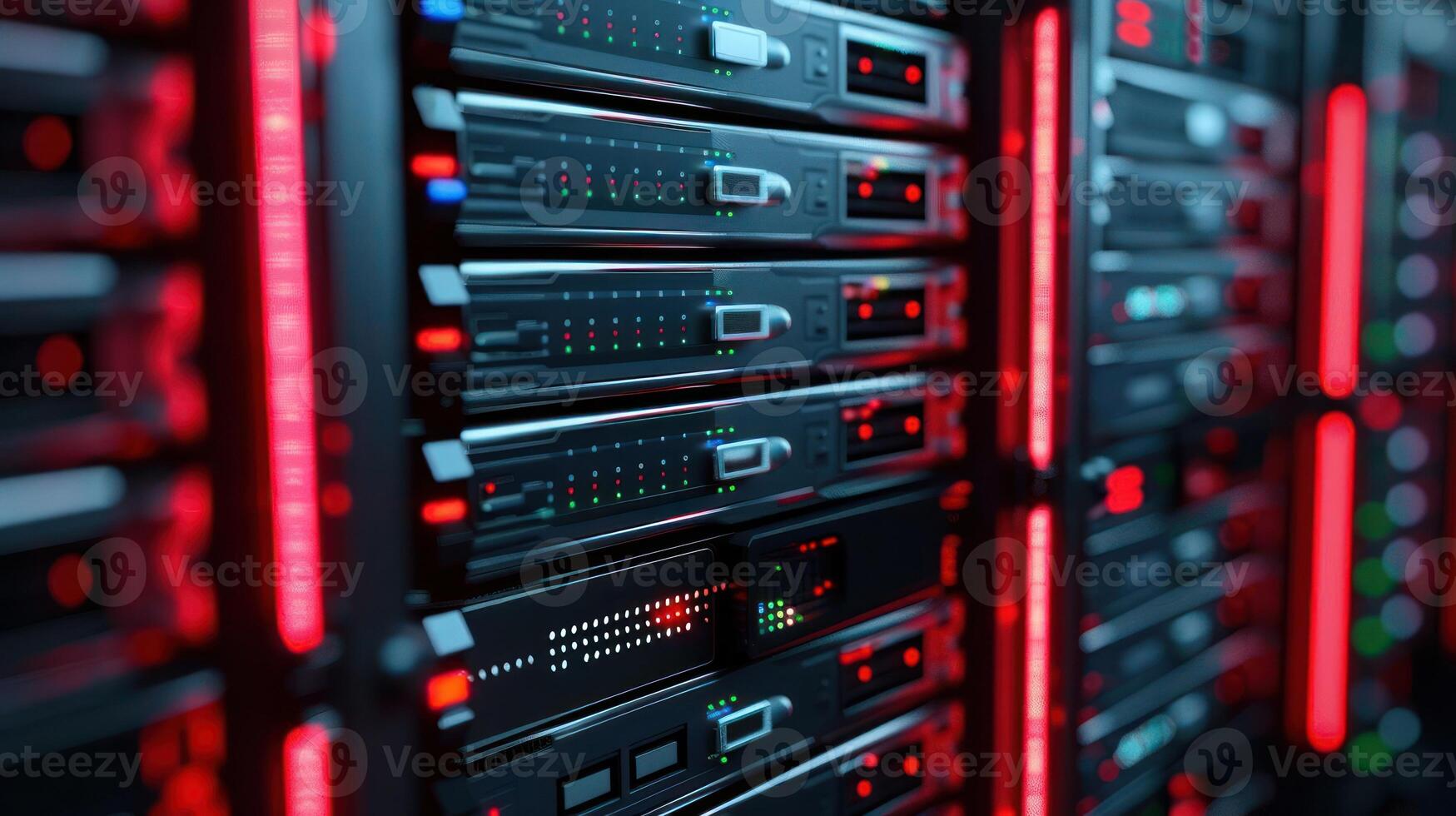 High-tech server room with illuminated racks showcasing data storage technology photo