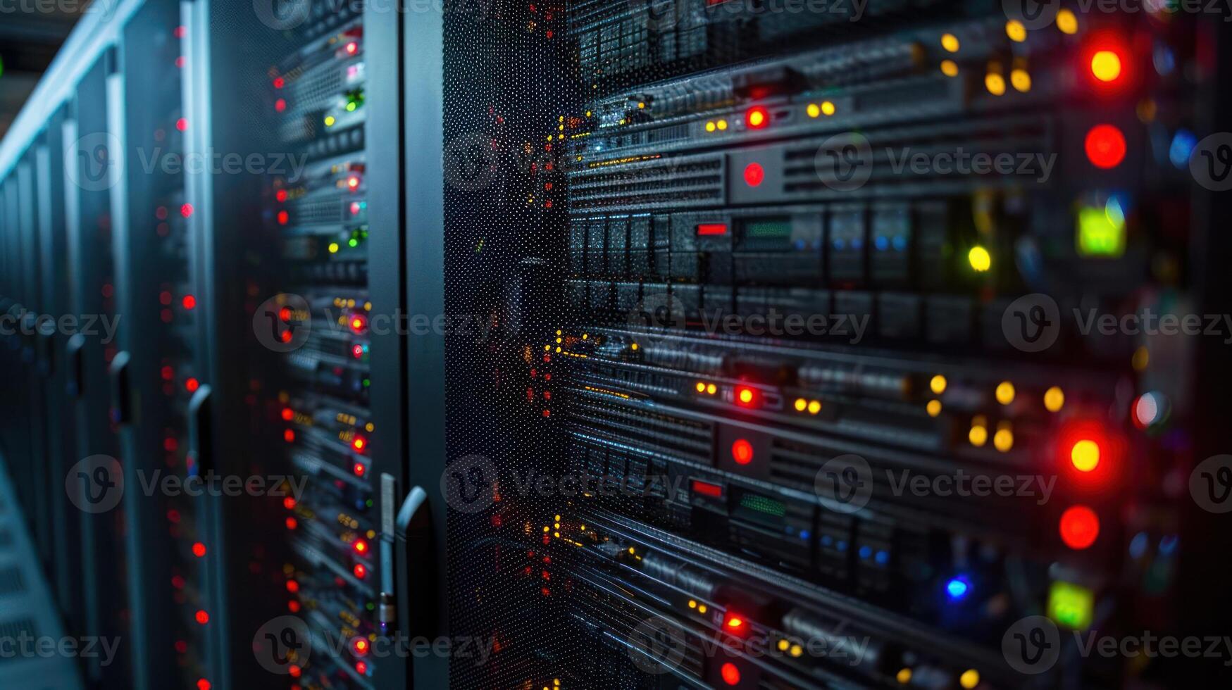 Close-up view of illuminated server racks in a data center with blinking lights and cables photo