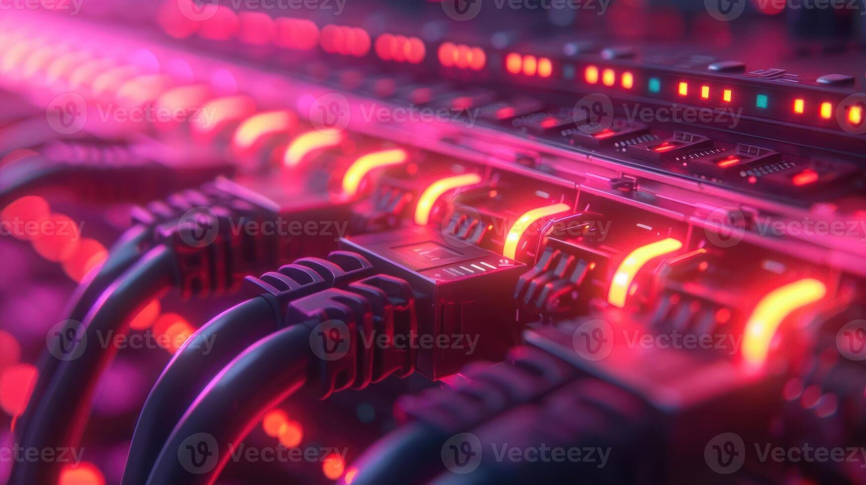Close-up of illuminated network cables connected to a server, showcasing vibrant colors and technology photo