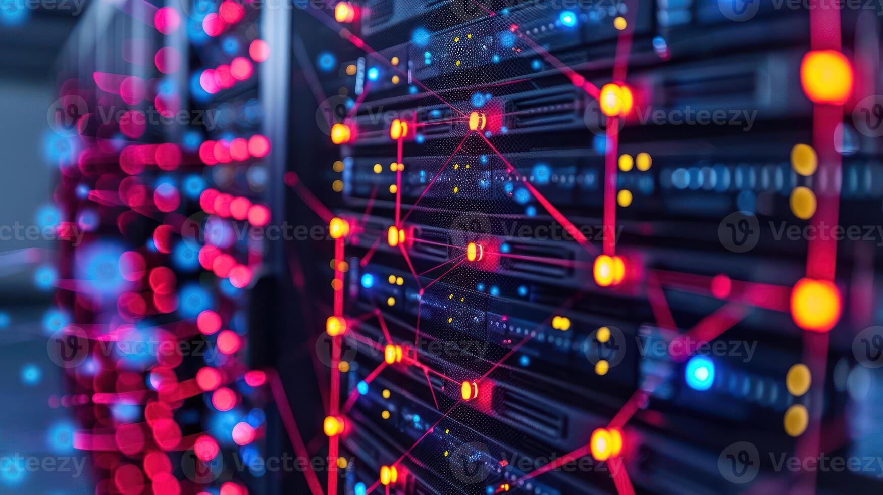 Abstract representation of a data center with illuminated server connections and vibrant colors photo