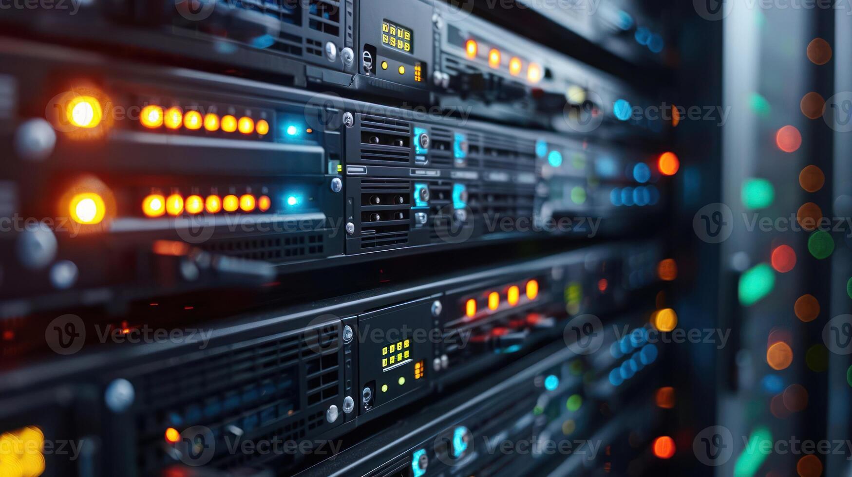 Close-up view of illuminated server racks in a data center with colorful lights in the background photo