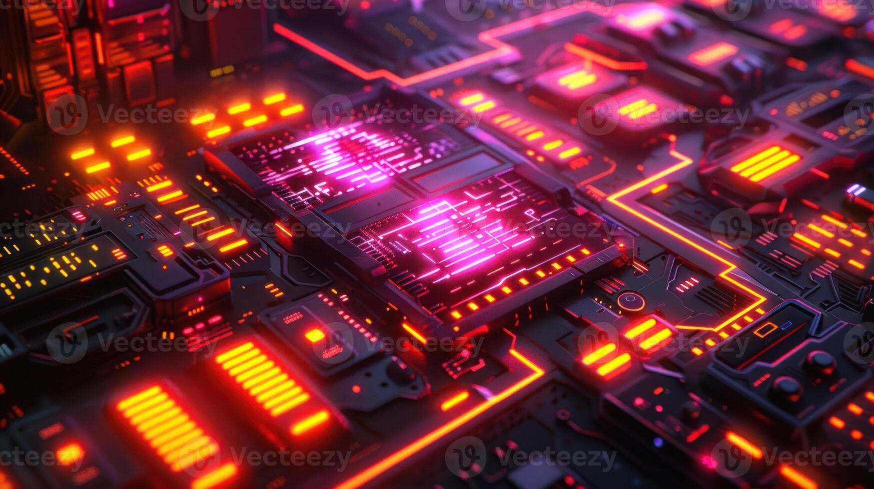 Close-up view of a futuristic circuit board illuminated by vibrant neon lights and intricate designs photo