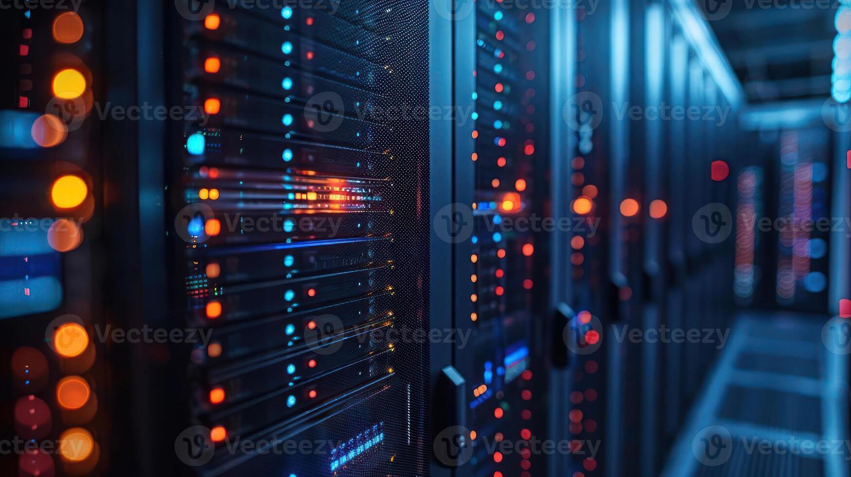 Data center with illuminated server racks showcasing advanced technology and connectivity photo