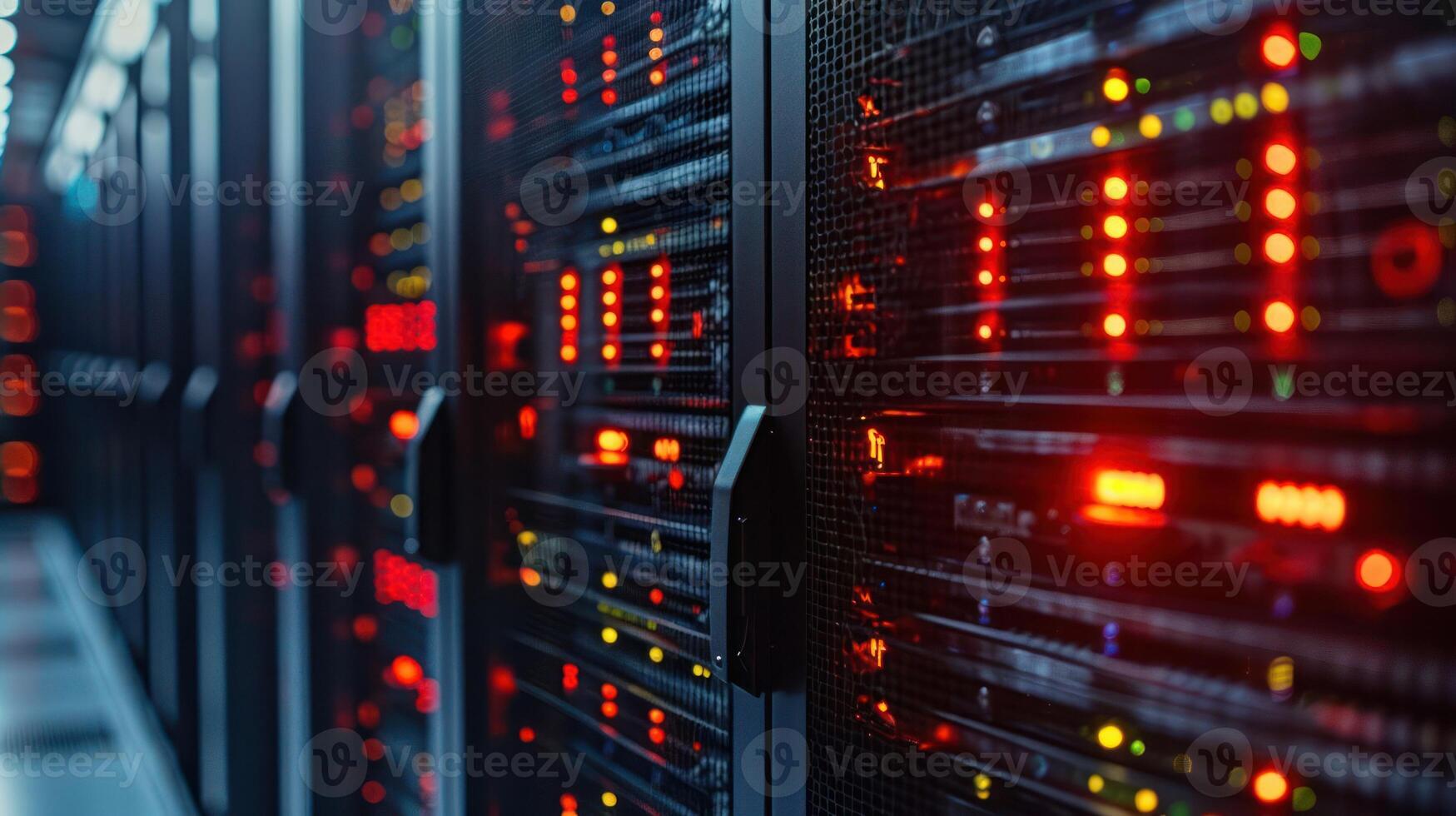 Close-up view of illuminated server racks in a data center showcasing technology operations photo