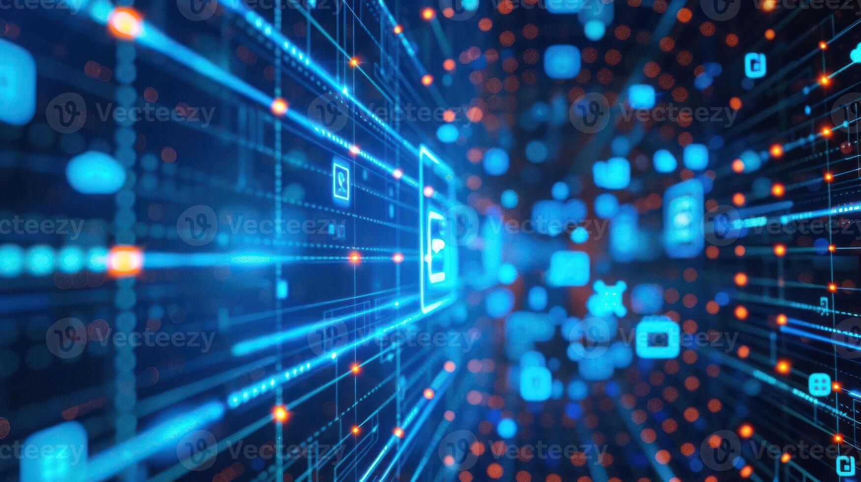 Abstract digital network with glowing lines and icons representing data flow and connectivity photo