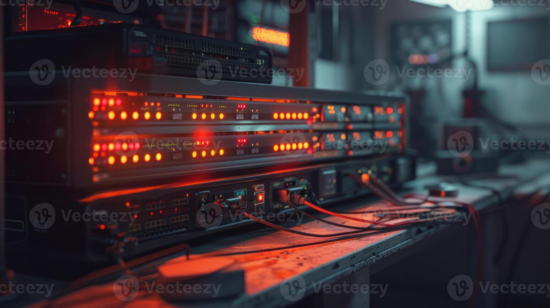 High-tech server equipment with glowing lights in a dimly lit control room setting photo