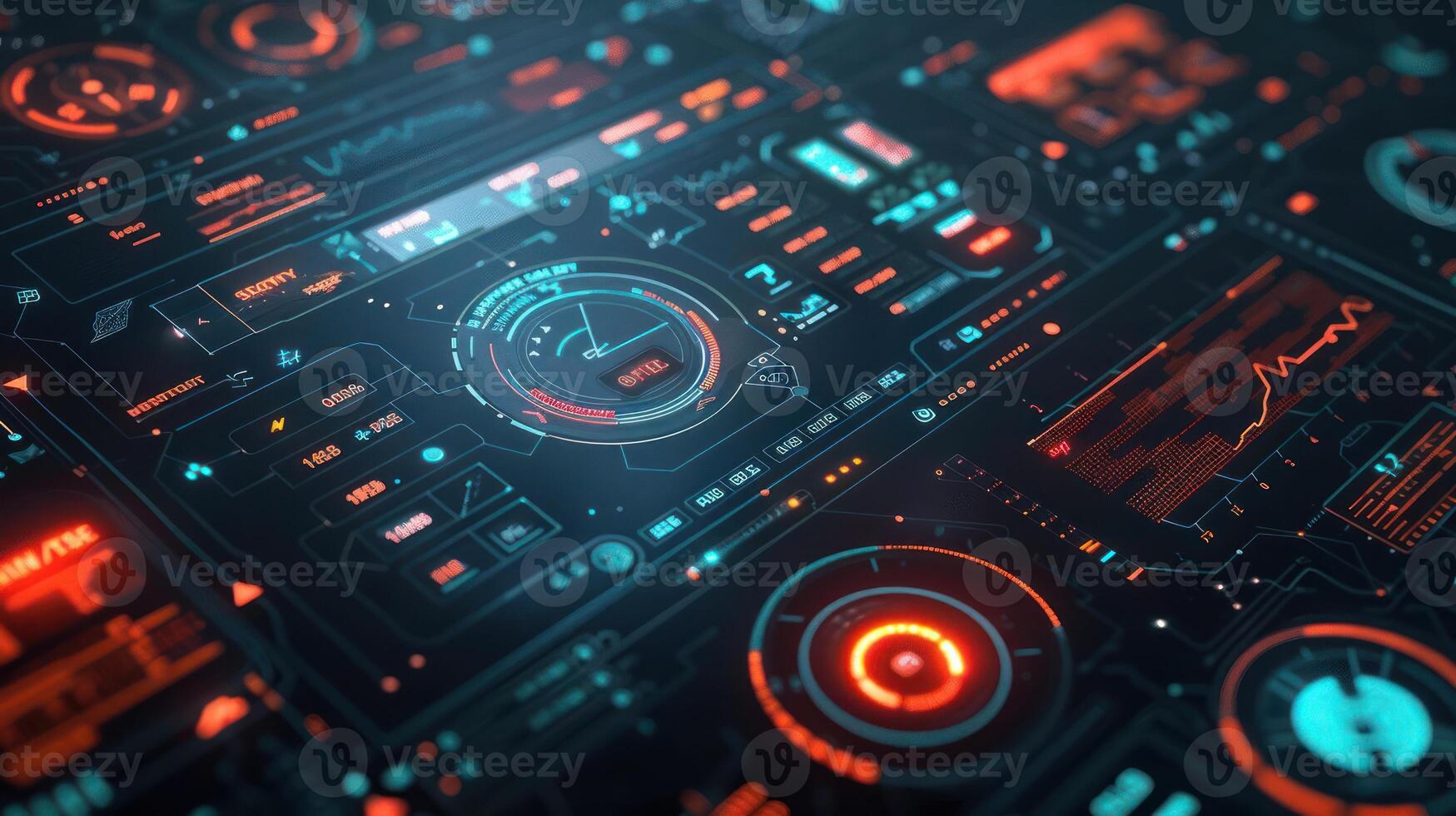 Futuristic digital dashboard interface displaying various data metrics and analytics photo
