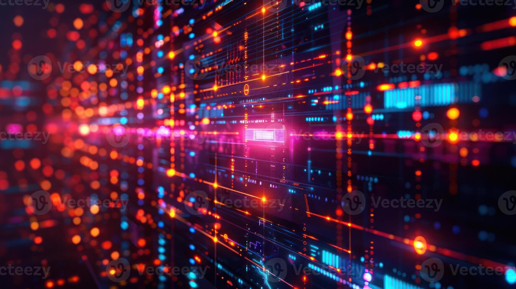 Abstract digital landscape with glowing lines and dots representing data flow in technology photo