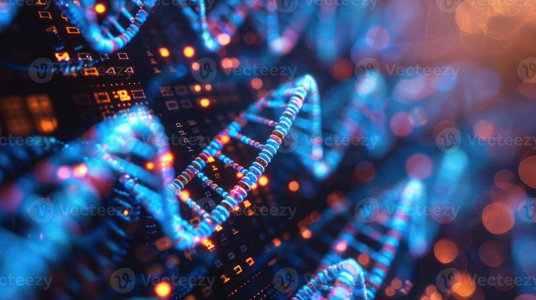 Vibrant close-up of a DNA double helix with glowing data elements in a futuristic setting photo