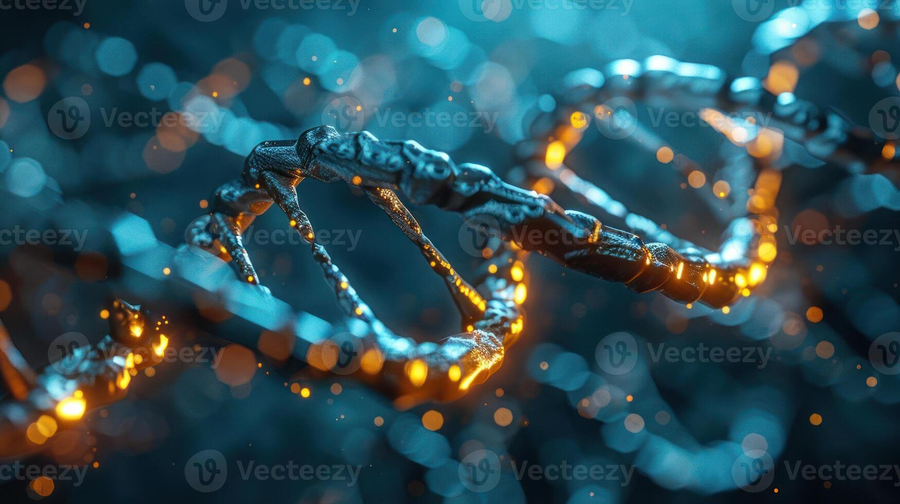 Close-up view of a glowing DNA double helix structure with bokeh effects in a scientific background photo