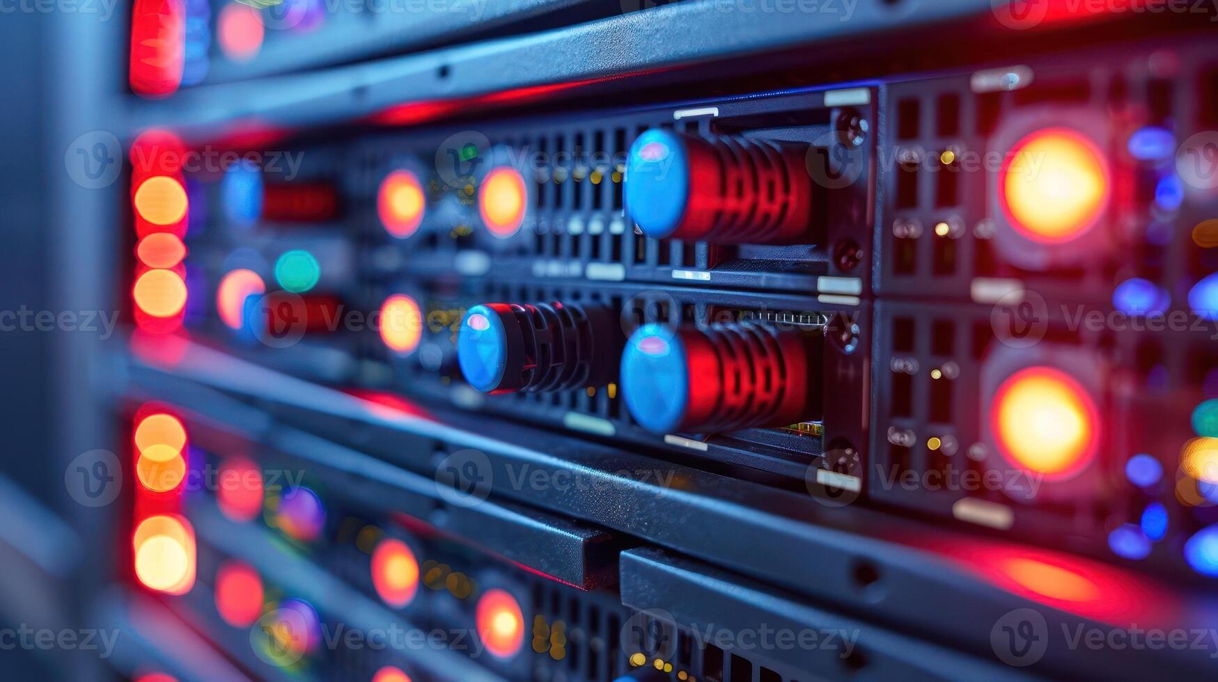 Close-up view of illuminated server rack with colorful lights in a data center environment photo