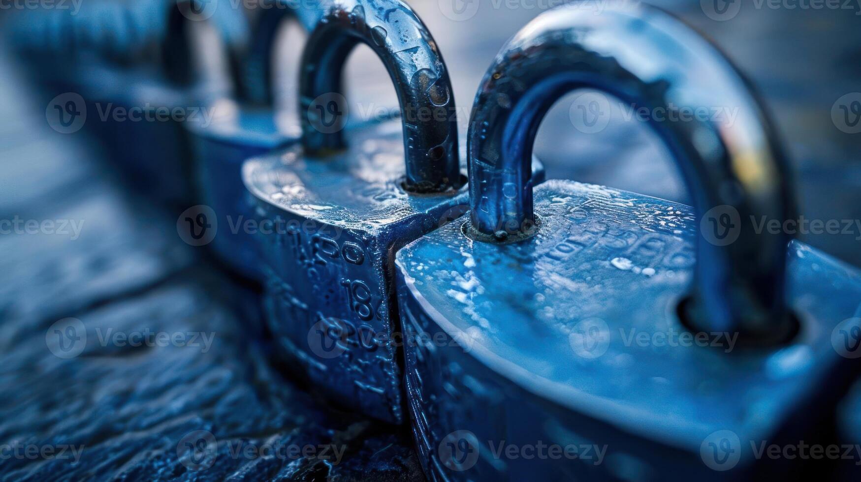Close-up view of a row of blue padlocks on a textured surface, symbolizing security and protection photo
