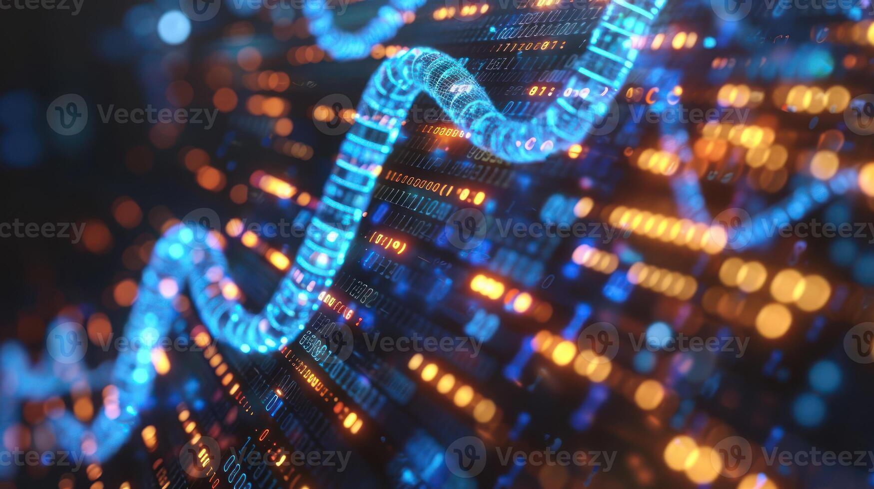 Abstract representation of data flow with glowing strands and particles in a digital environment photo