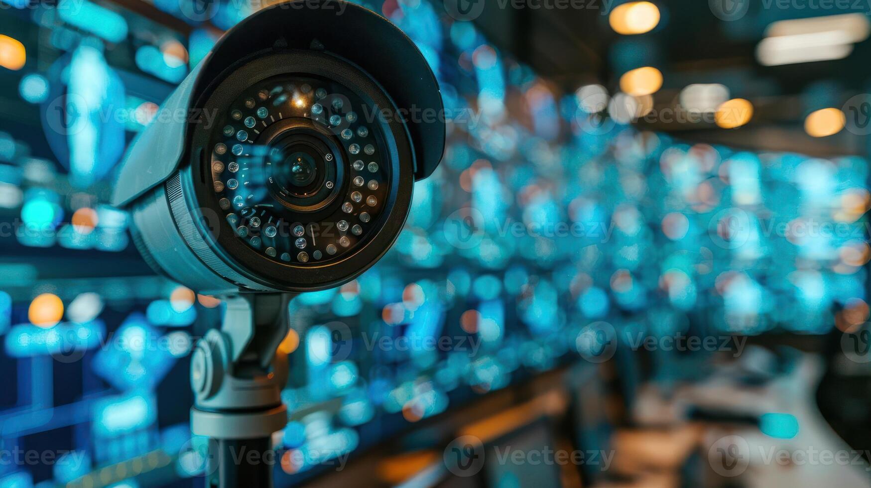 Surveillance camera in a high-tech monitoring room with screens displaying various data photo