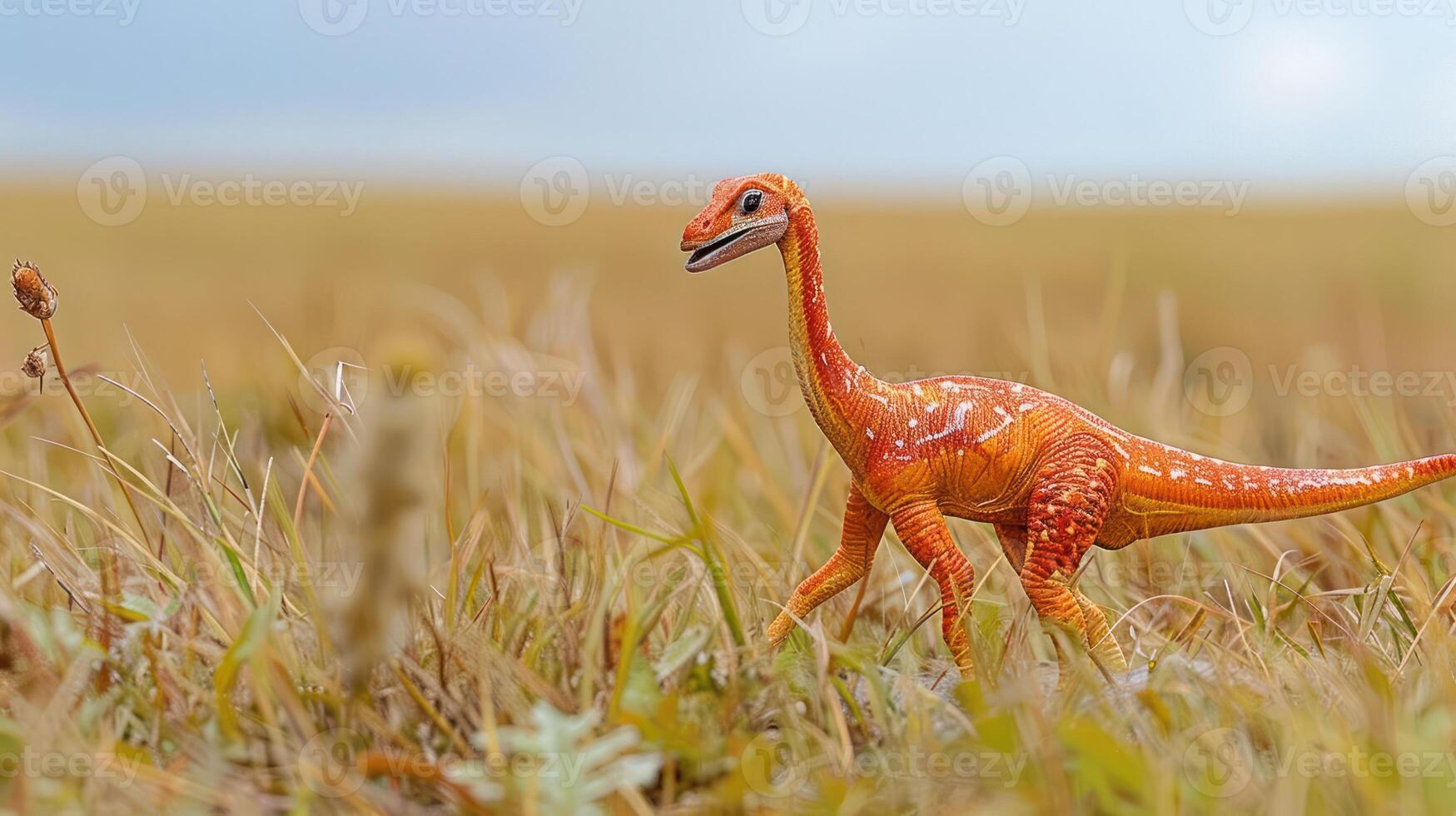 A vibrant orange dinosaur toy walking through tall grass under a cloudy sky in a serene landscape photo