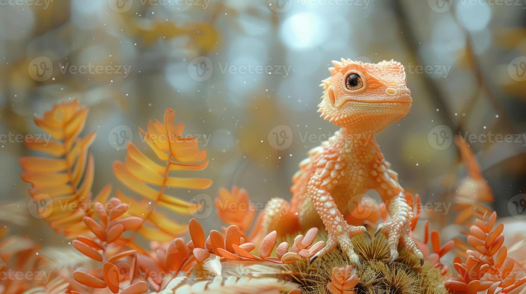 A vibrant orange lizard perched on foliage in a serene forest setting with soft bokeh photo