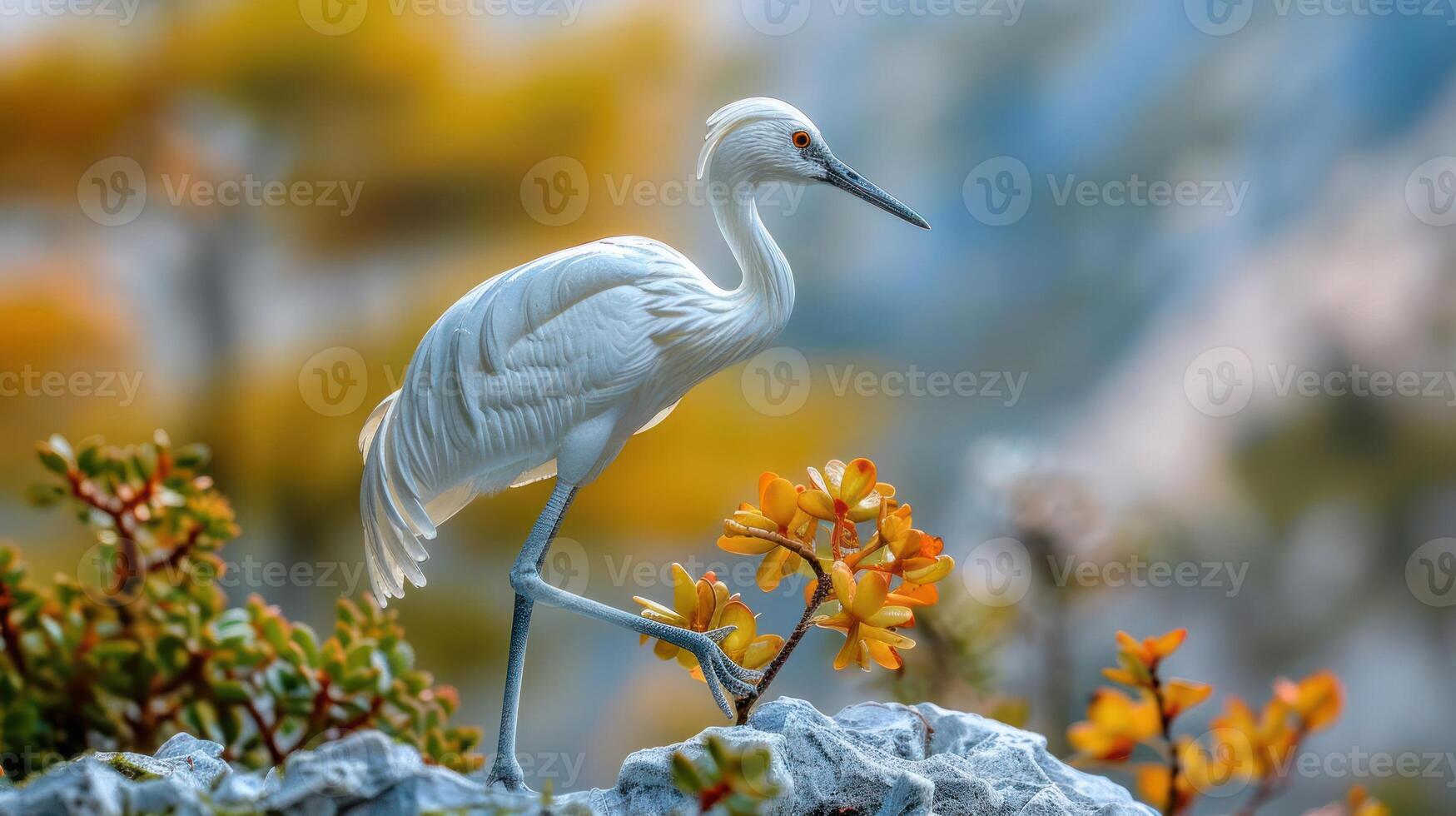Elegant white heron walking gracefully over vibrant flowers with a soft blurred background photo