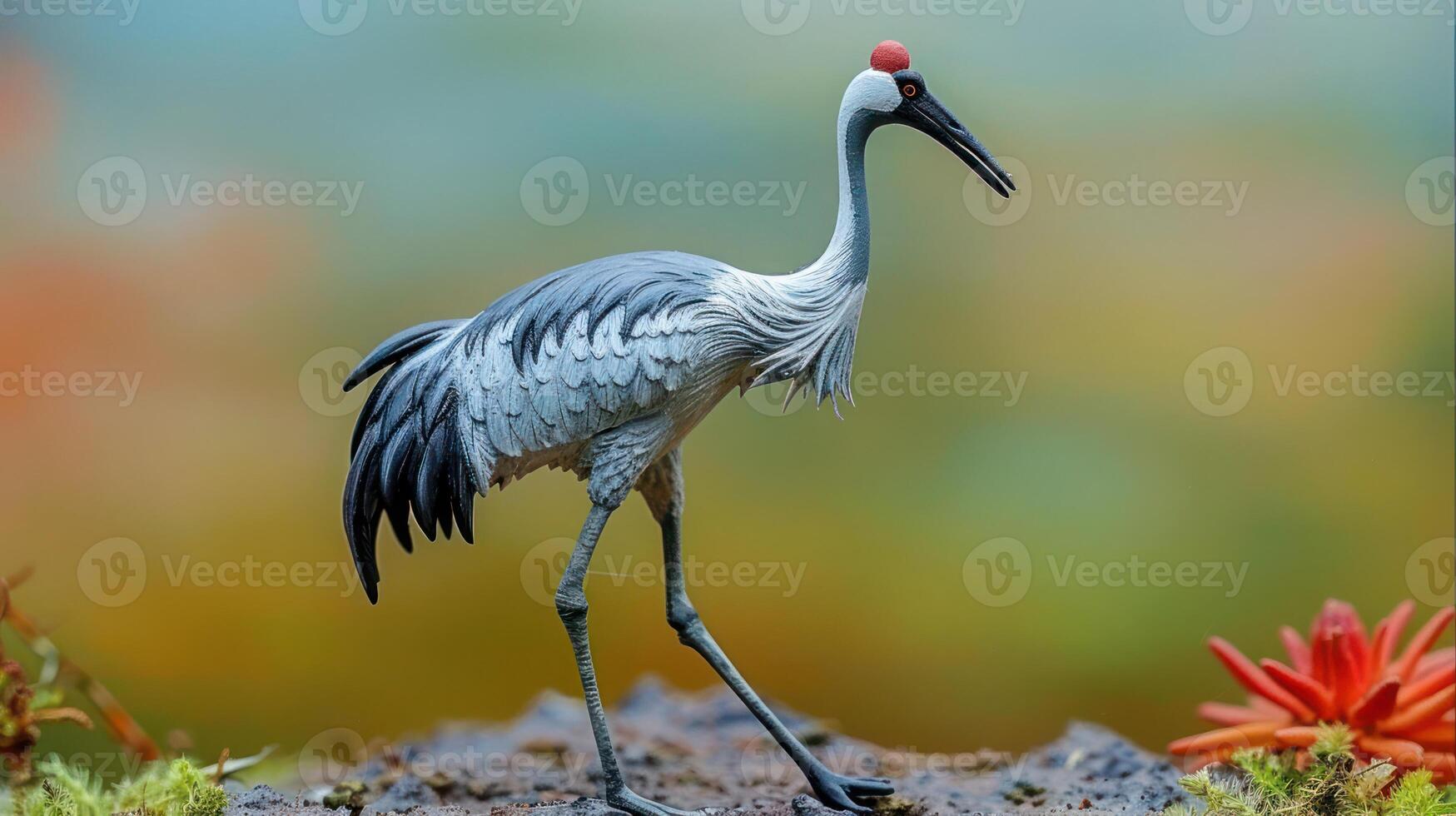 Elegant crane standing on a rock amidst vibrant foliage, showcasing nature's beauty and tranquility photo