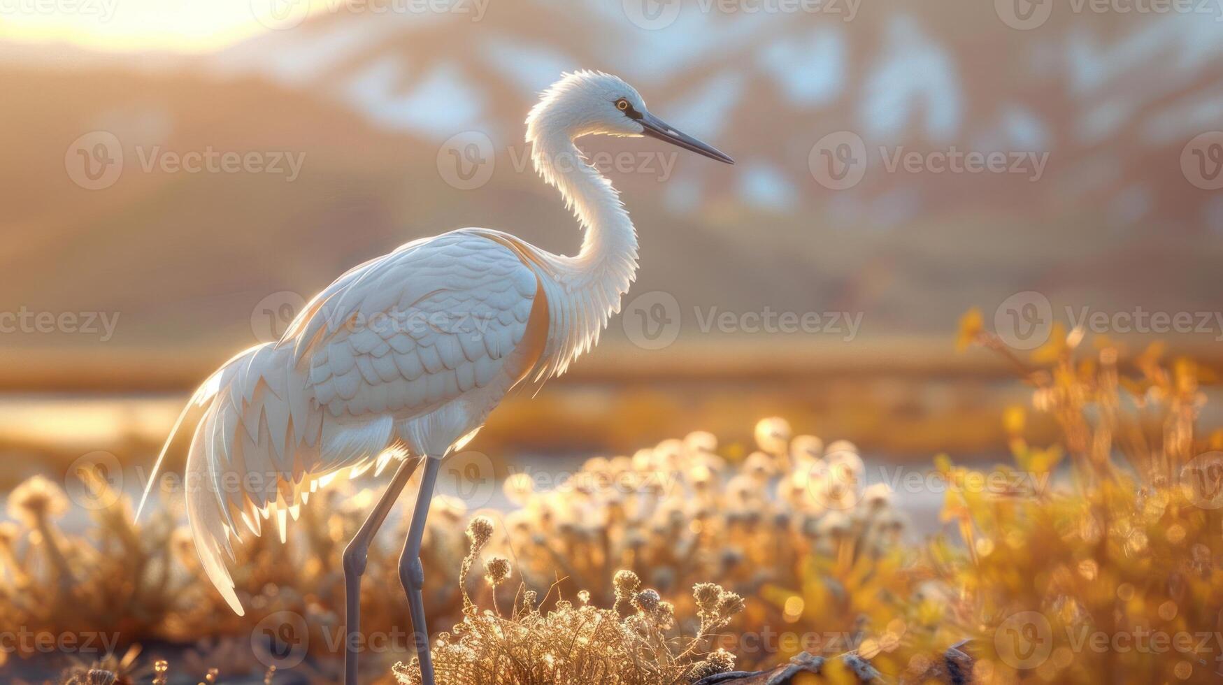 Elegant white heron standing gracefully in a serene landscape during sunset, surrounded by flowers photo