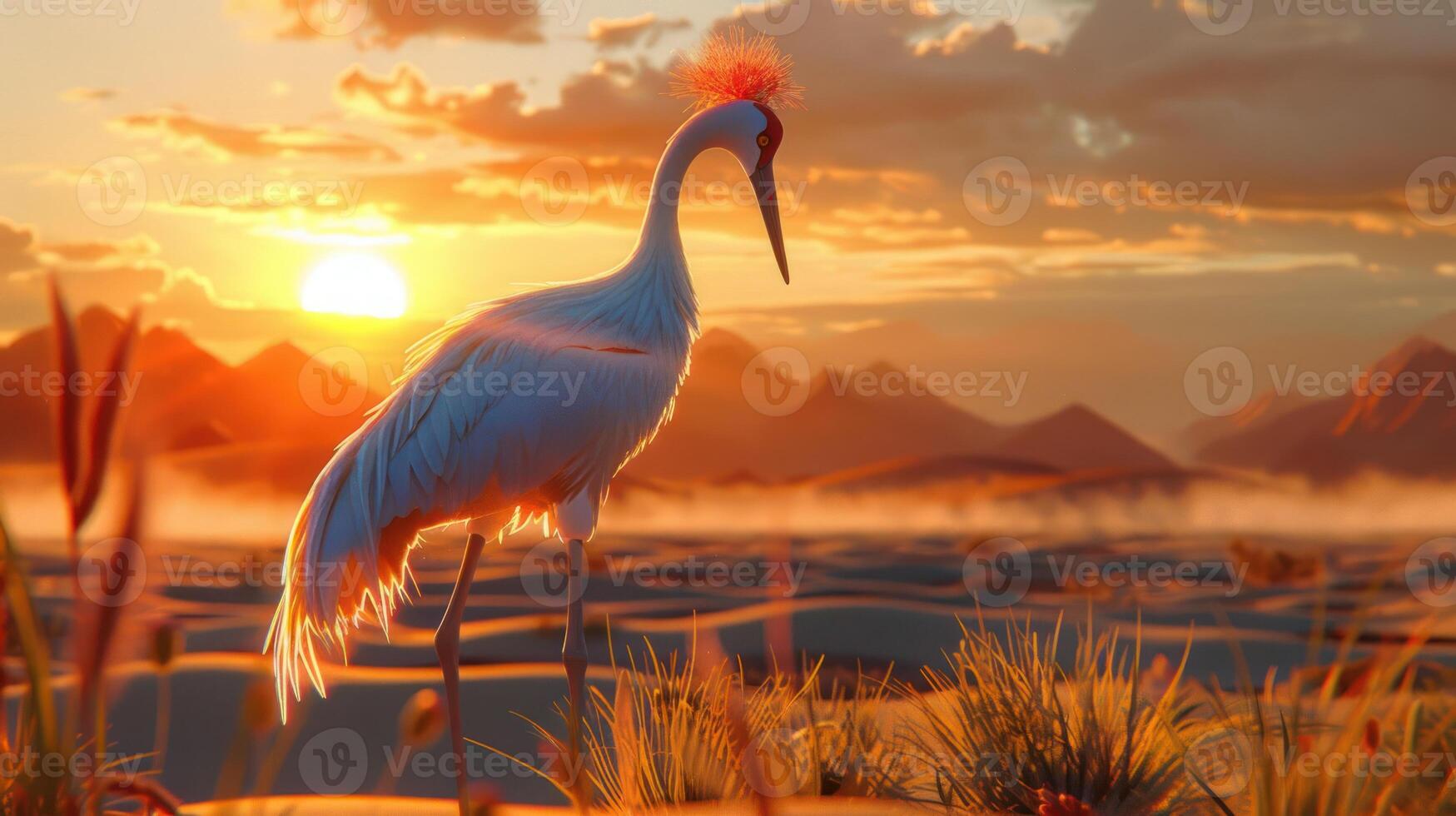 Majestic crane standing in a serene landscape at sunset, with mountains and mist in the background photo