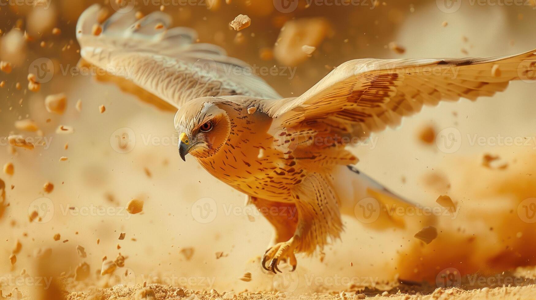 Majestic bird of prey taking flight amidst a storm of dust and debris in a desert landscape photo