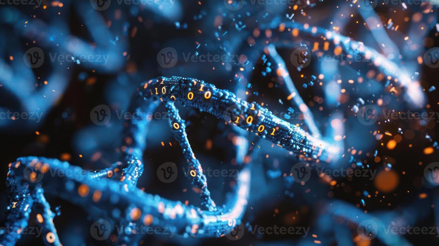 Abstract representation of DNA strands illuminated with glowing particles in a dark background photo