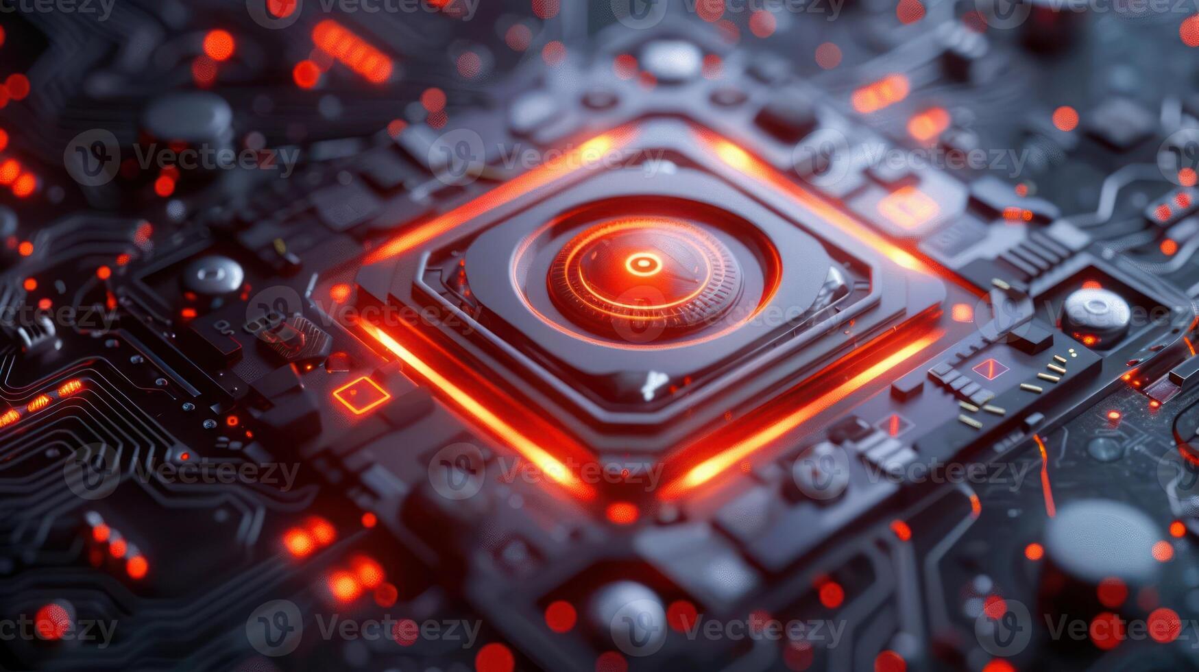 Close-up of a futuristic microchip with glowing circuits and intricate details in a tech environment photo