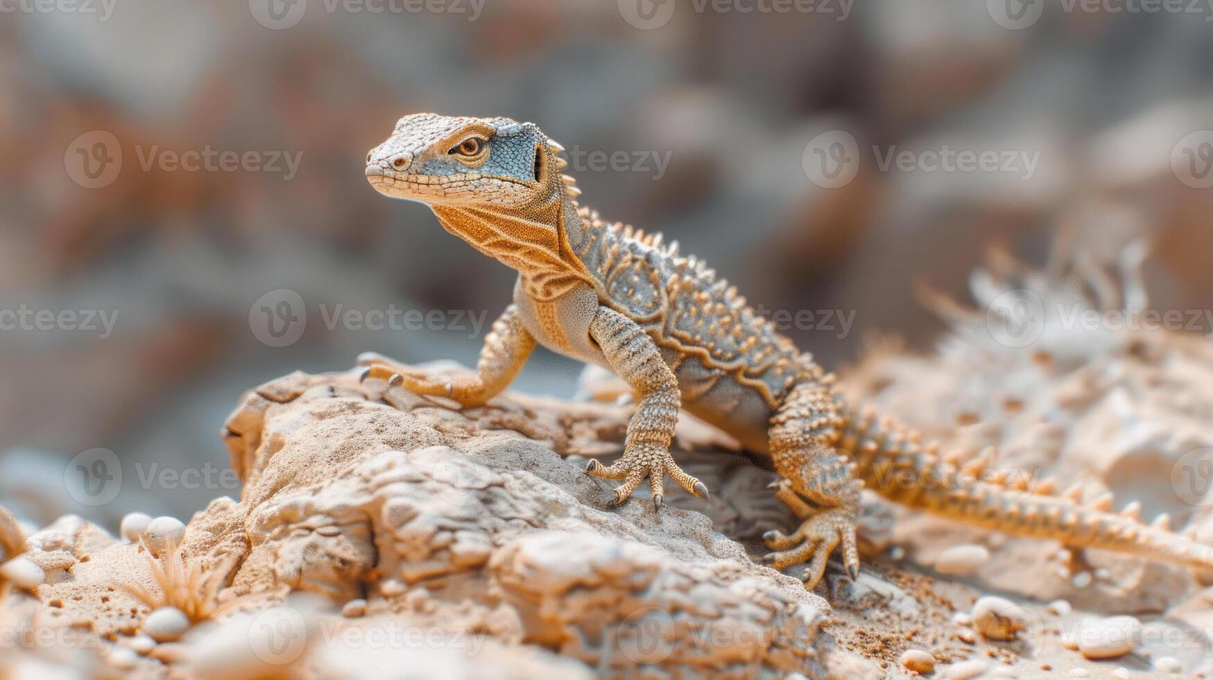 A close-up of a lizard perched on a rocky surface, with blurred desert landscape in the background photo