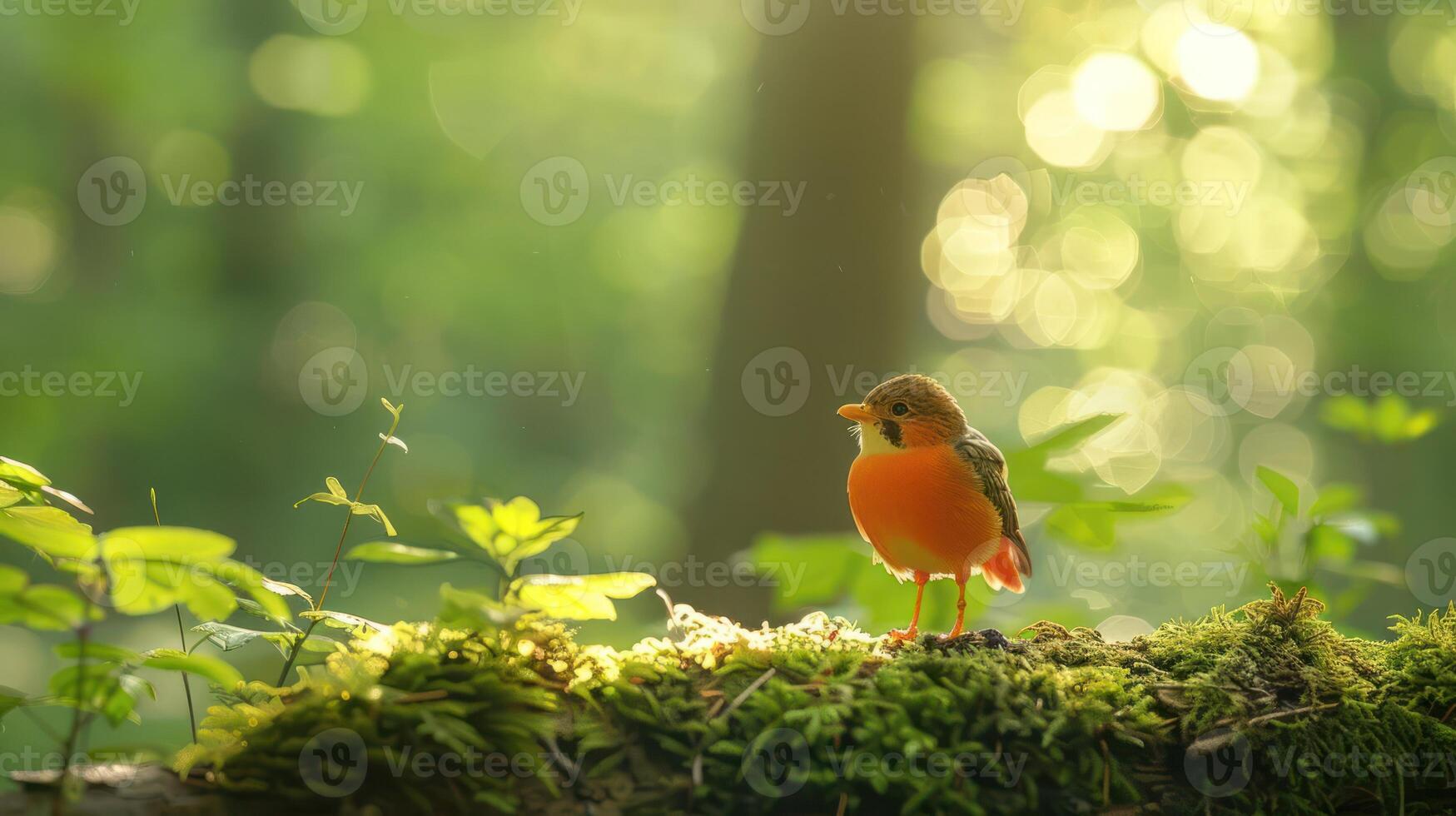 A vibrant bird perched on a mossy log in a sunlit forest, surrounded by lush greenery and soft bokeh photo