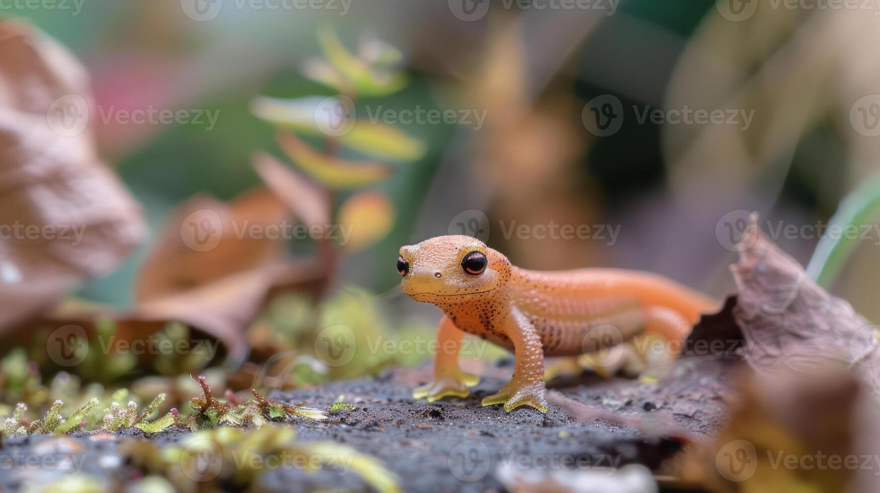 A vibrant orange gecko perched on a mossy rock surrounded by autumn leaves in a natural setting photo