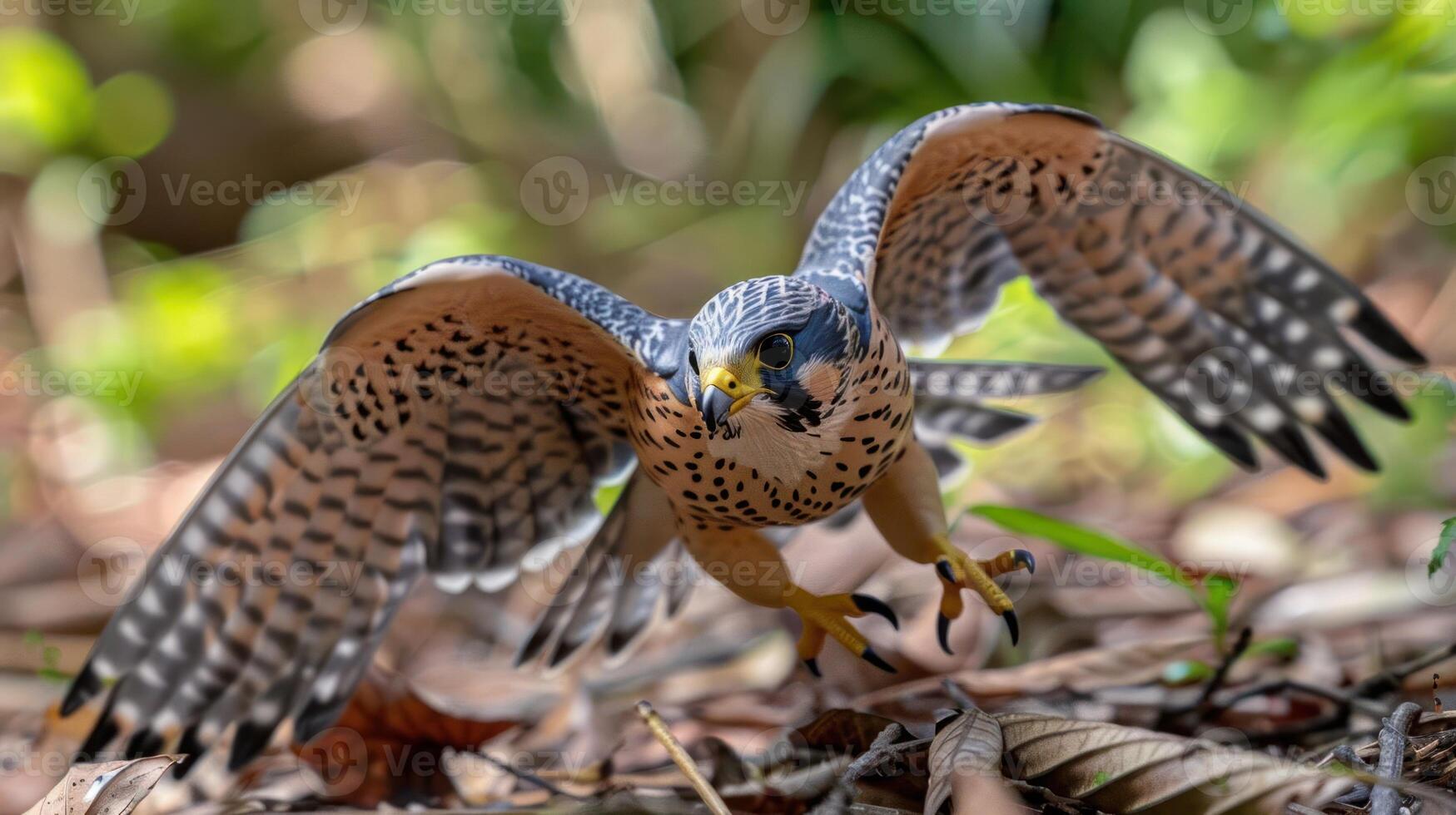 A close-up of a falcon in mid-flight, showcasing its detailed feathers and intense gaze amidst a lush, green background photo