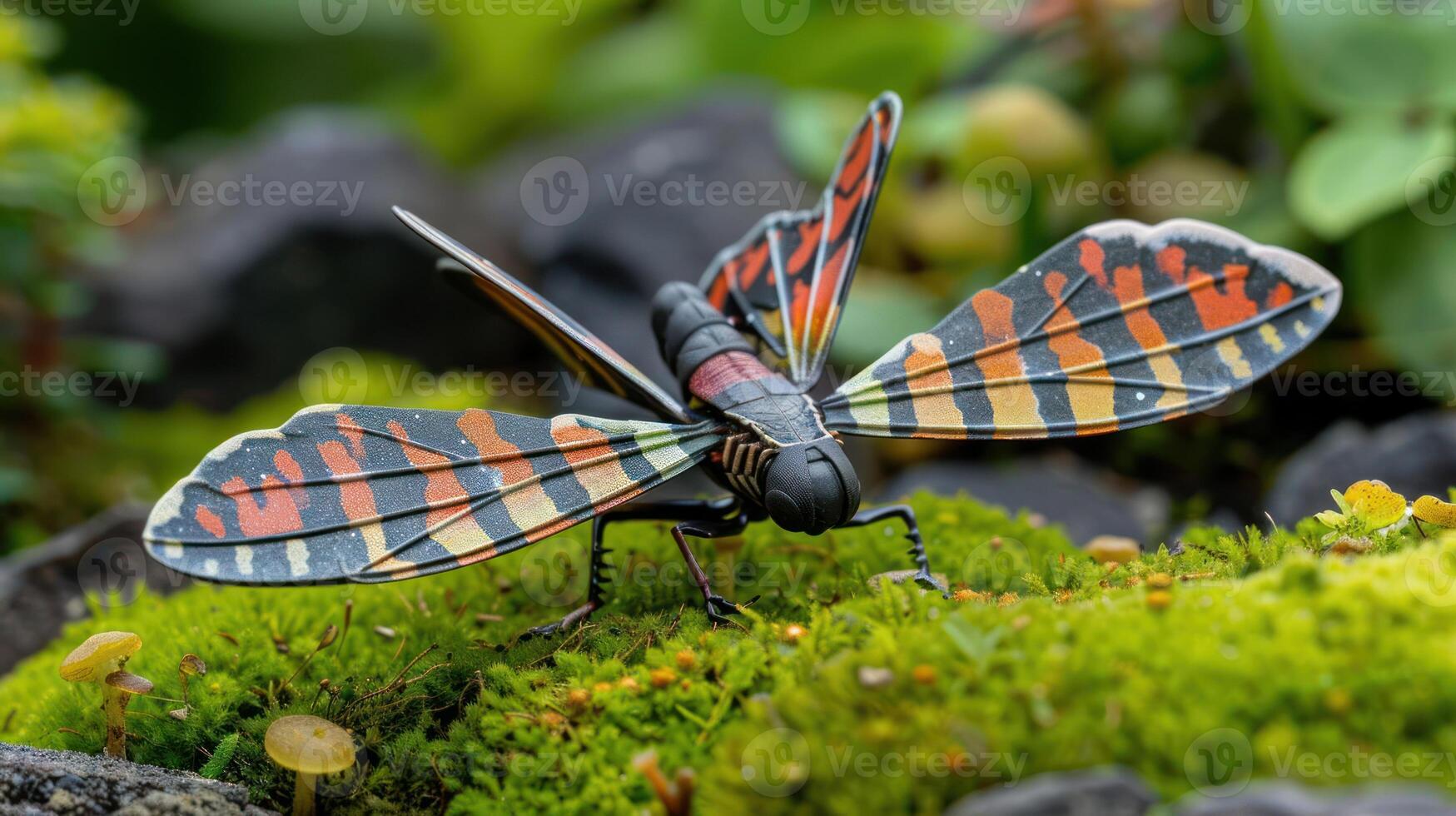 Colorful insect with striking wings perched on vibrant moss in a lush garden setting photo