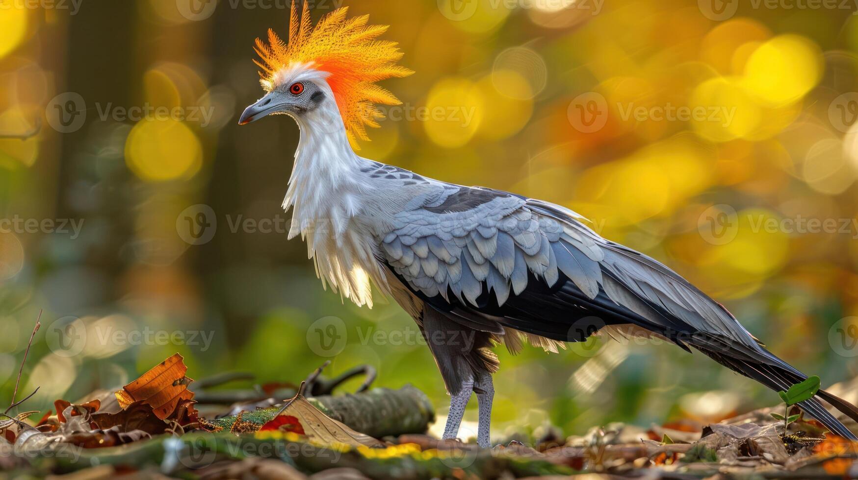 Majestic bird with vibrant orange crest stands amidst colorful autumn foliage in serene forest photo