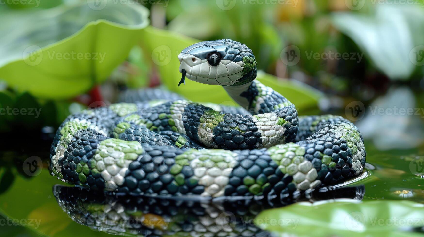 A vibrant green and black snake coiled in a serene pond surrounded by lush foliage photo