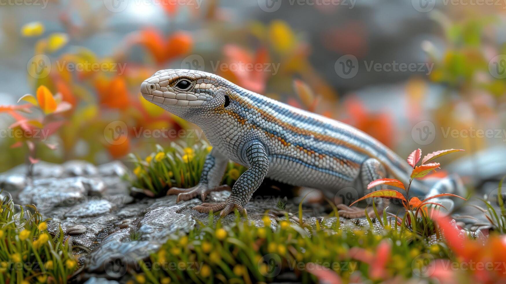 Colorful lizard perched on a rock amidst vibrant foliage in a serene natural setting photo