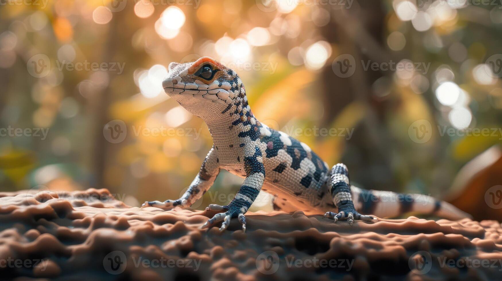 Colorful lizard perched on a textured surface in a vibrant, blurred forest setting photo