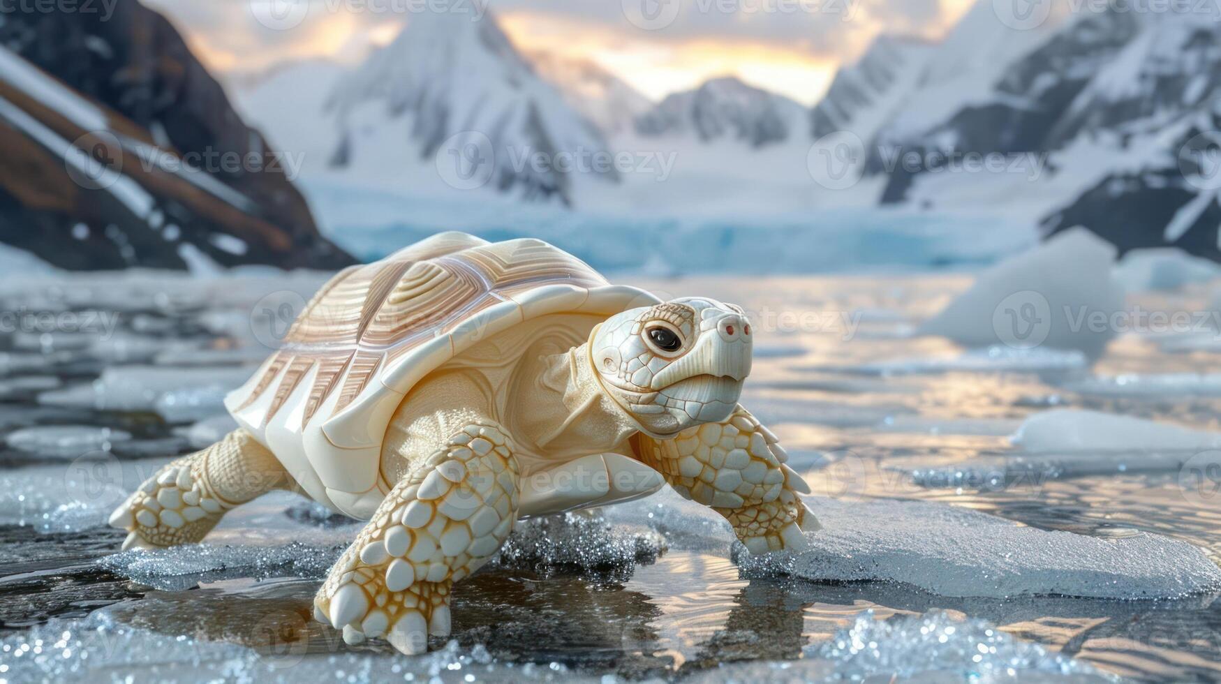 A realistic turtle navigating icy waters with majestic mountains and glaciers in the background photo