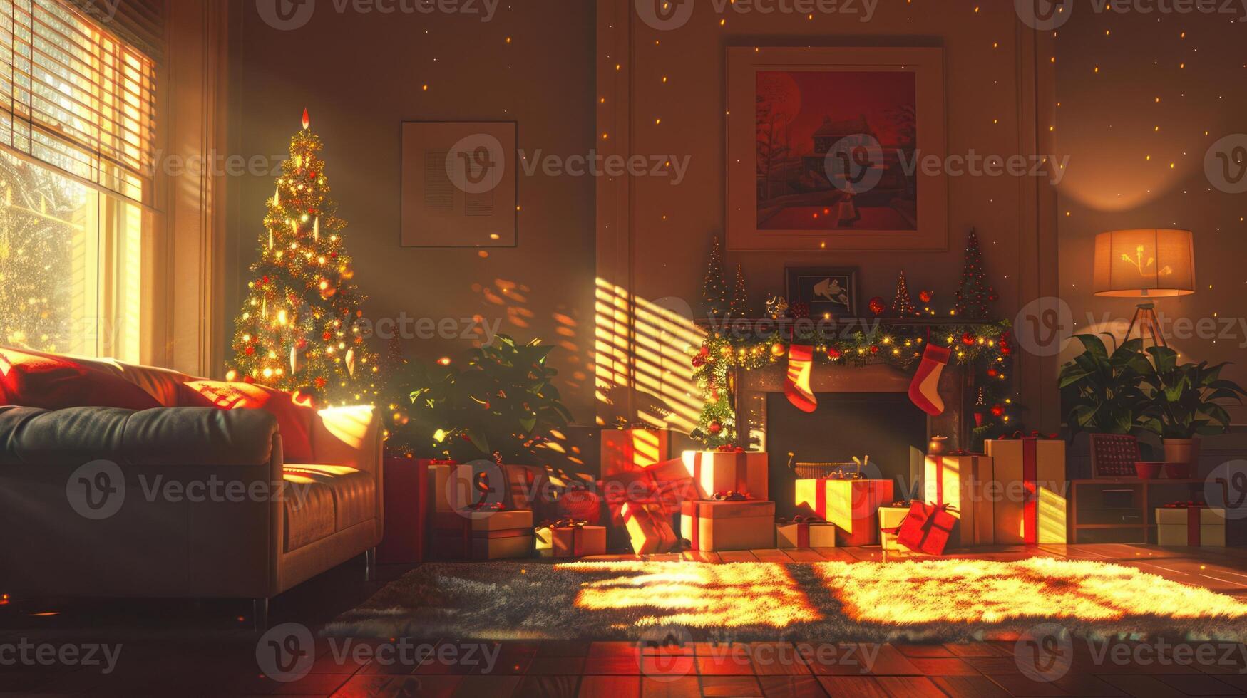 Cozy living room decorated for Christmas with a tree, gifts, and warm sunlight streaming in photo
